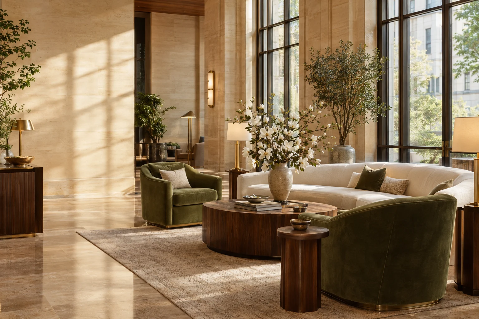 Illustrative hotel lobby with warm natural finishes and white magnolia flowers